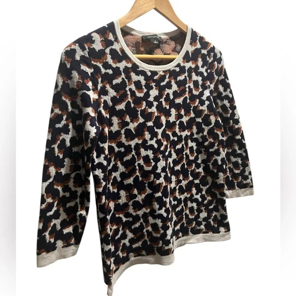 Ann Taylor Animal Print Knit Sweater Size Small Neutral Leopard 3/4 Sleeve